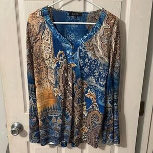 B.L.E.U. Blue and Brown Paisley Blouse